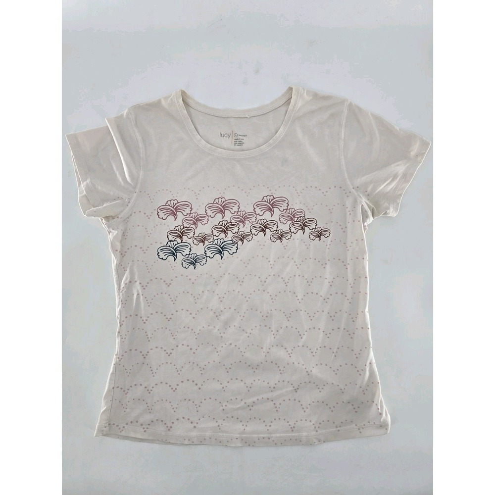 Lucy Athletic Tech Short Sleeve Performance T-Shirt Top Sz L - Flowers Colorful